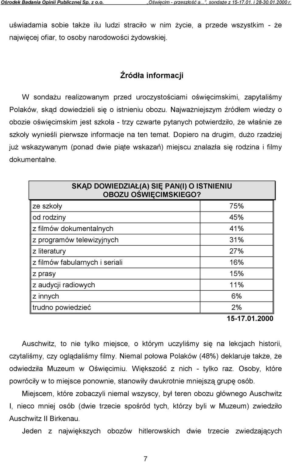 Najważniejszym źródłem wiedzy o obozie oświęcimskim jest szkoła - trzy czwarte pytanych potwierdziło, że właśnie ze szkoły wynieśli pierwsze informacje na ten temat.