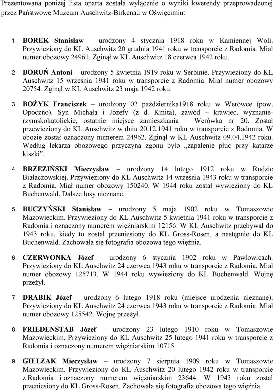 Zginął w KL Auschwitz 18 czerwca 1942 roku. 2. BORUŃ Antoni urodzony 5 kwietnia 1919 roku w Serbinie. Przywieziony do KL Auschwitz 15 września 1941 roku w transporcie z Radomia.