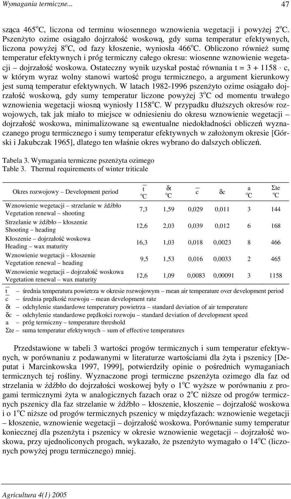 Obliczono równieŝ sumę temperatur efektywnych i próg termiczny całego okresu: wiosenne wznowienie wegetacji dojrzałość woskowa.