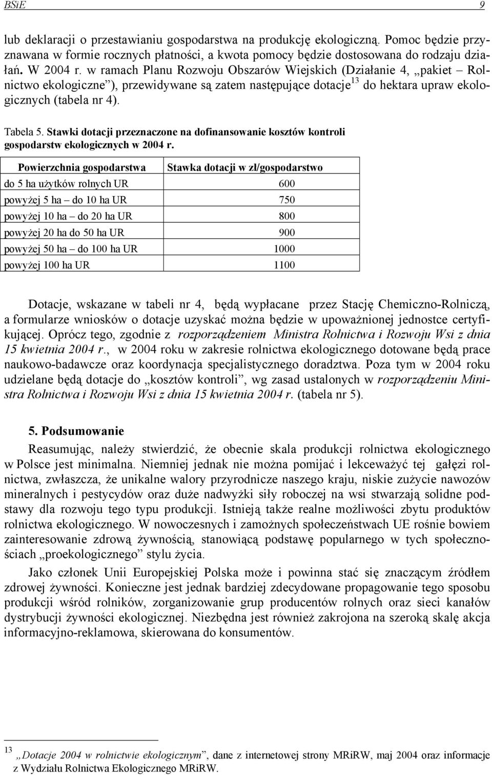 Stawki dotacji przeznaczone na dofinansowanie kosztów kontroli gospodarstw ekologicznych w 2004 r.