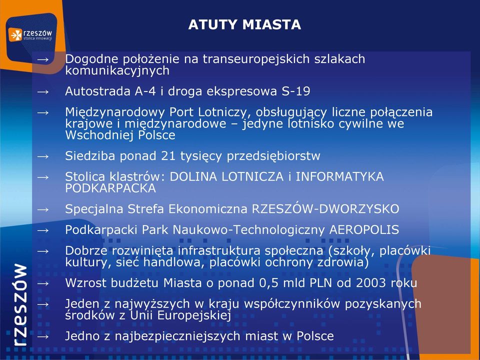 Ekonomiczna RZESZÓW-DWORZYSKO Podkarpacki Park Naukowo-Technologiczny AEROPOLIS Dobrze rozwinięta infrastruktura społeczna (szkoły, placówki kultury, sieć handlowa, placówki ochrony