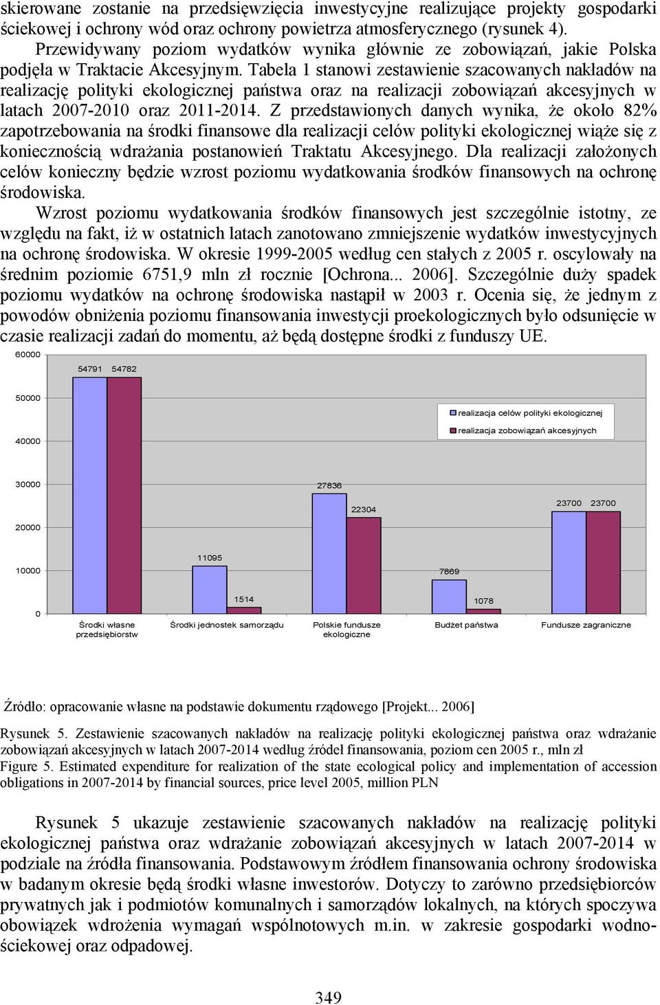 Tabela 1 stanowi zestawienie szacowanych nakładów na realizację polityki ekologicznej państwa oraz na realizacji zobowiązań akcesyjnych w latach 2007-2010 oraz 2011-2014.