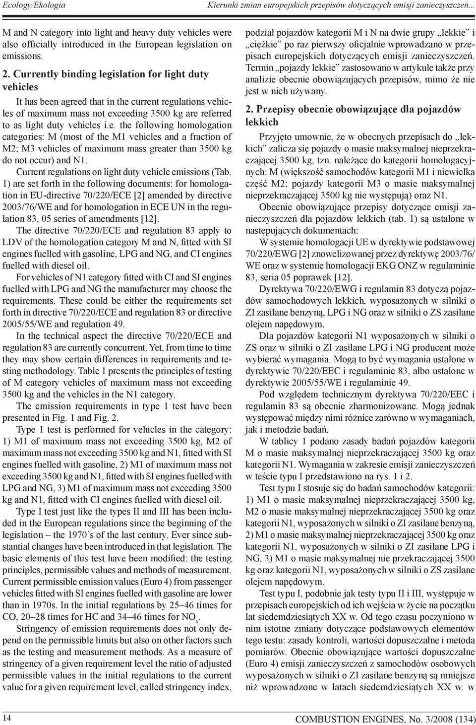 Current regulations on light duty vehicle emissions (Tab.