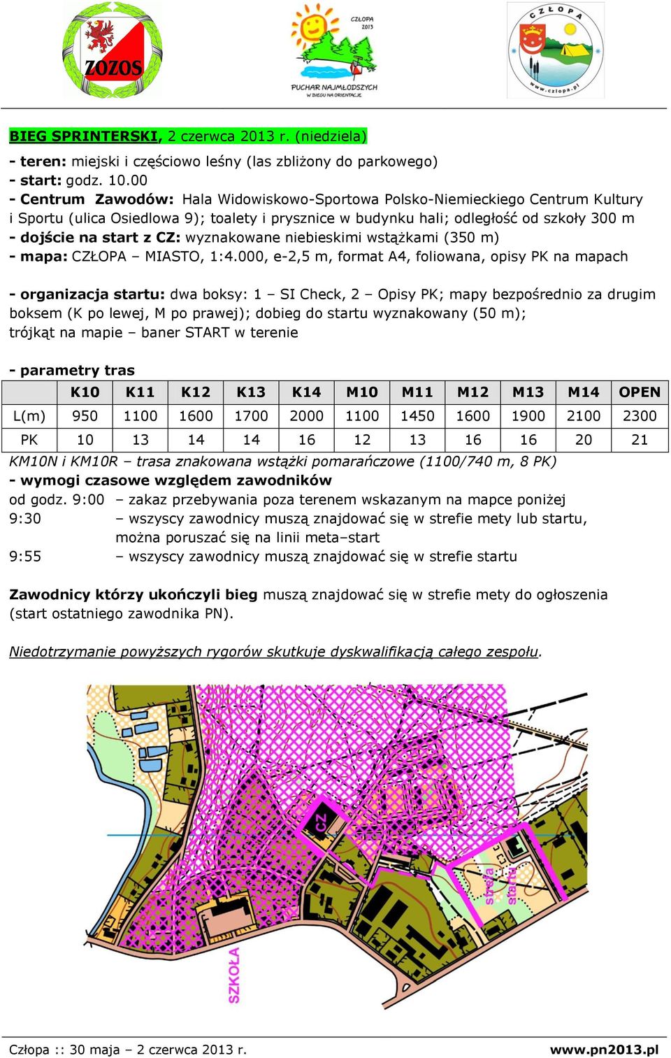 CZ: wyznakowane niebieskimi wstążkami (350 m) - mapa: CZŁOPA MIASTO, 1:4.