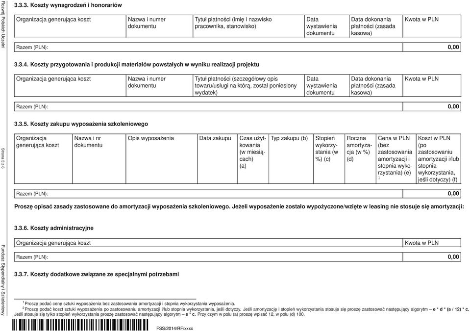 zakupu wyposażenia szkoleniowego Organizacja generująca koszt Nazwa i nr Opis wyposażenia zakupu Czas użytkowania (w miesia- cach) (a) Typ zakupu (b) Stopień wykorzystania (w %) (c) Roczna