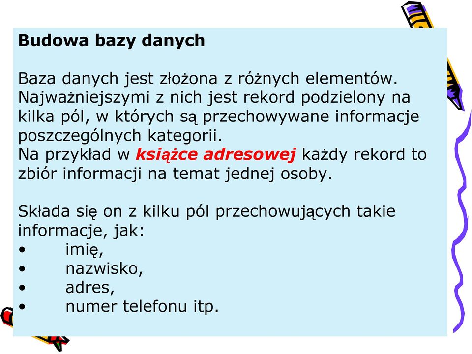 informacje poszczególnych kategorii.