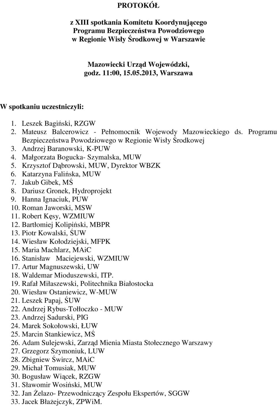 Andrzej Baranowski, K-PUW 4. Małgorzata Bogucka- Szymalska, MUW 5. Krzysztof Dąbrowski, MUW, Dyrektor WBZK 6. Katarzyna Falińska, MUW 7. Jakub Gibek, MŚ 8. Dariusz Gronek, Hydroprojekt 9.