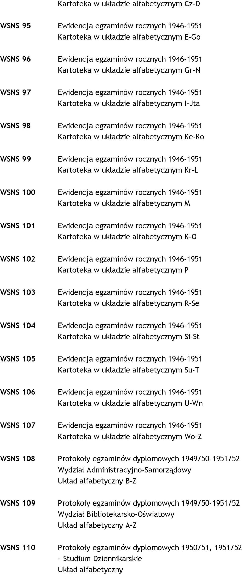 99 Ewidencja egzaminów rocznych 1946-1951 Kartoteka w układzie alfabetycznym Kr-Ł WSNS 100 Ewidencja egzaminów rocznych 1946-1951 Kartoteka w układzie alfabetycznym M WSNS 101 Ewidencja egzaminów