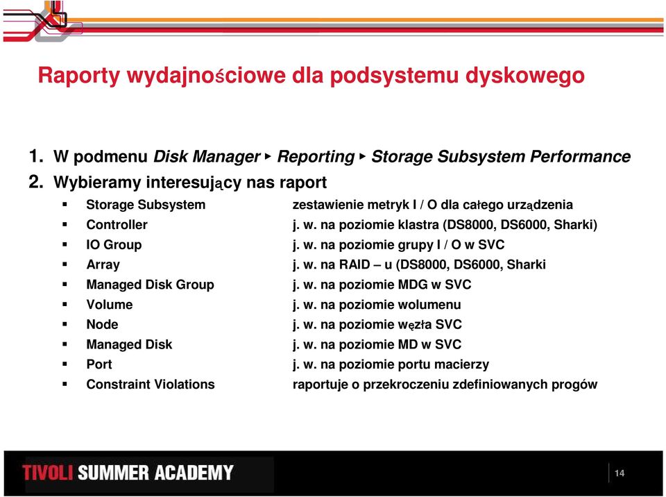 zestawienie metryk I / O dla całego urządzenia j. w. na poziomie klastra (DS8000, DS6000, Sharki) j. w. na poziomie grupy I / O w SVC j. w. na RAID u (DS8000, DS6000, Sharki j.