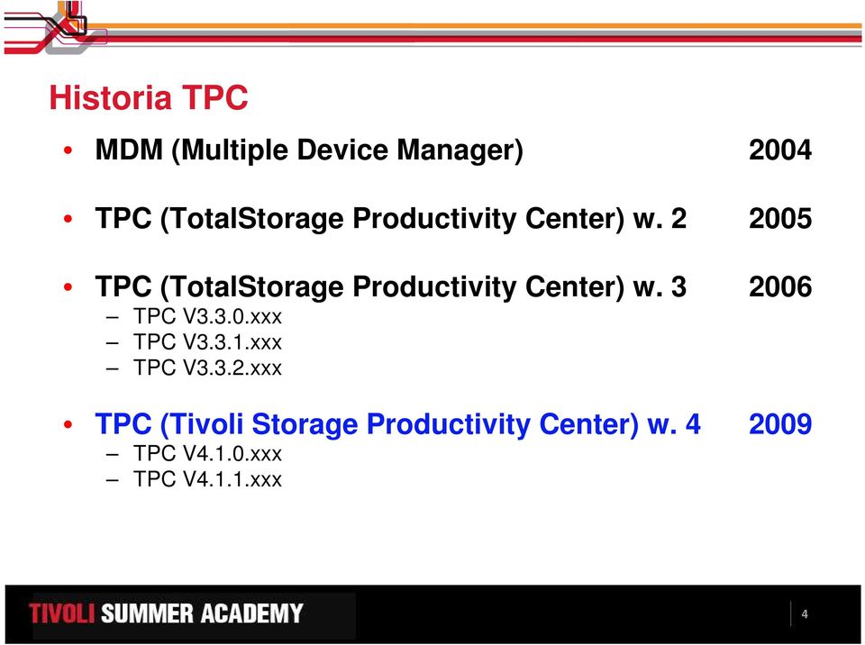 2 2005 TPC (TotalStorage  3 2006 TPC V3.3.0.xxx TPC V3.3.1.