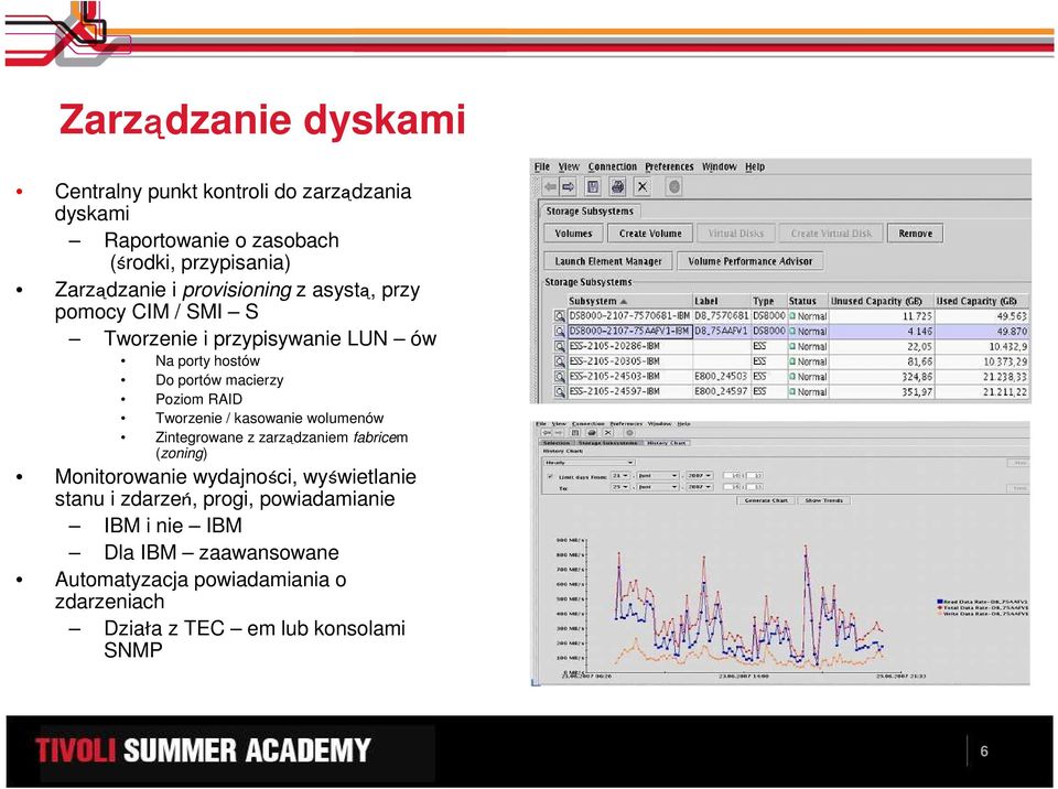 Tworzenie / kasowanie wolumenów Zintegrowane z zarządzaniem fabricem (zoning) Monitorowanie wydajności, wyświetlanie stanu i