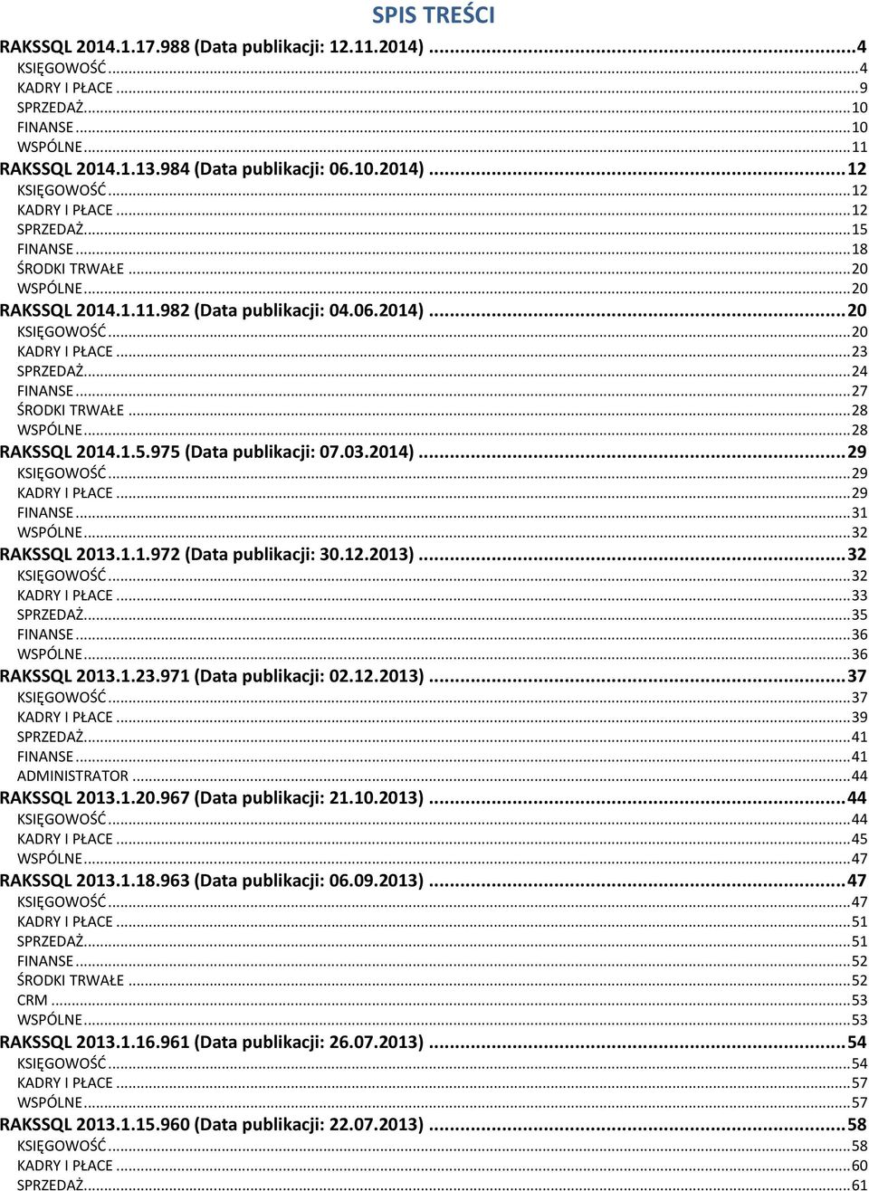 .. 24 FINANSE... 27 ŚRODKI TRWAŁE... 28 WSPÓLNE... 28 RAKSSQL 2014.1.5.975 (Data publikacji: 07.03.2014)... 29 KSIĘGOWOŚĆ... 29 KADRY I PŁACE... 29 FINANSE... 31 WSPÓLNE... 32 RAKSSQL 2013.1.1.972 (Data publikacji: 30.