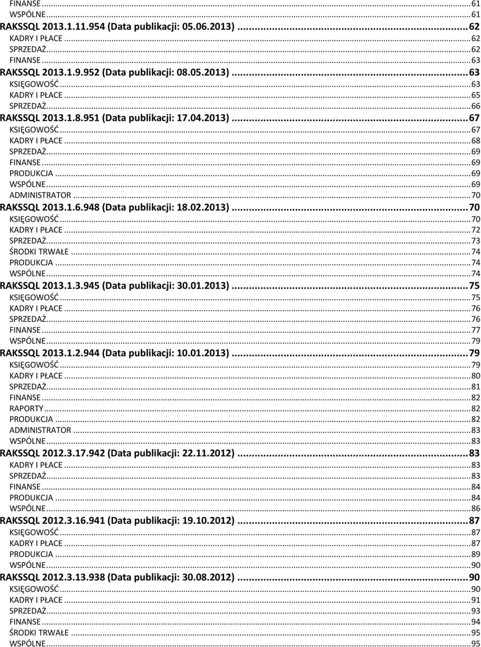 .. 69 ADMINISTRATOR... 70 RAKSSQL 2013.1.6.948 (Data publikacji: 18.02.2013)... 70 KSIĘGOWOŚĆ... 70 KADRY I PŁACE... 72 SPRZEDAŻ... 73 ŚRODKI TRWAŁE... 74 PRODUKCJA... 74 WSPÓLNE... 74 RAKSSQL 2013.1.3.945 (Data publikacji: 30.