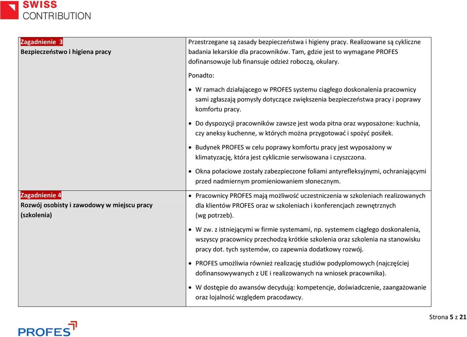 Ponadto: W ramach działającego w PROFES systemu ciągłego doskonalenia pracownicy sami zgłaszają pomysły dotyczące zwiększenia bezpieczeństwa pracy i poprawy komfortu pracy.