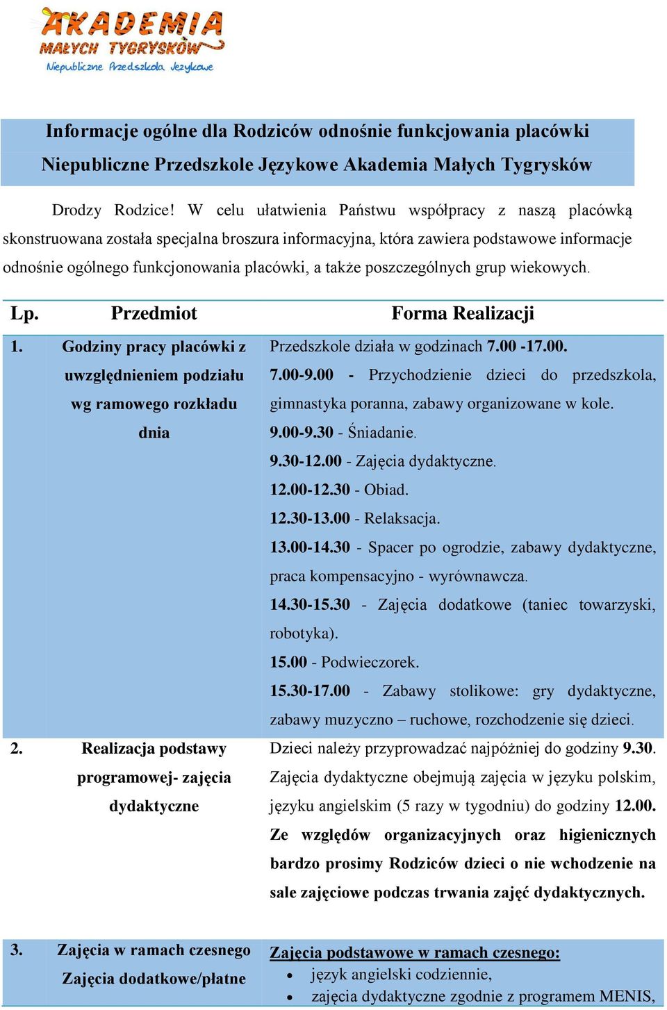 poszczególnych grup wiekowych. Lp. Przedmiot Forma Realizacji 1. Godziny pracy placówki z uwzględnieniem podziału wg ramowego rozkładu dnia 2.