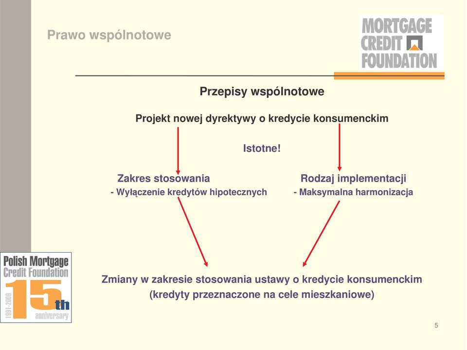 Zakres stosowania Rodzaj implementacji - Wyczenie kredytów hipotecznych -