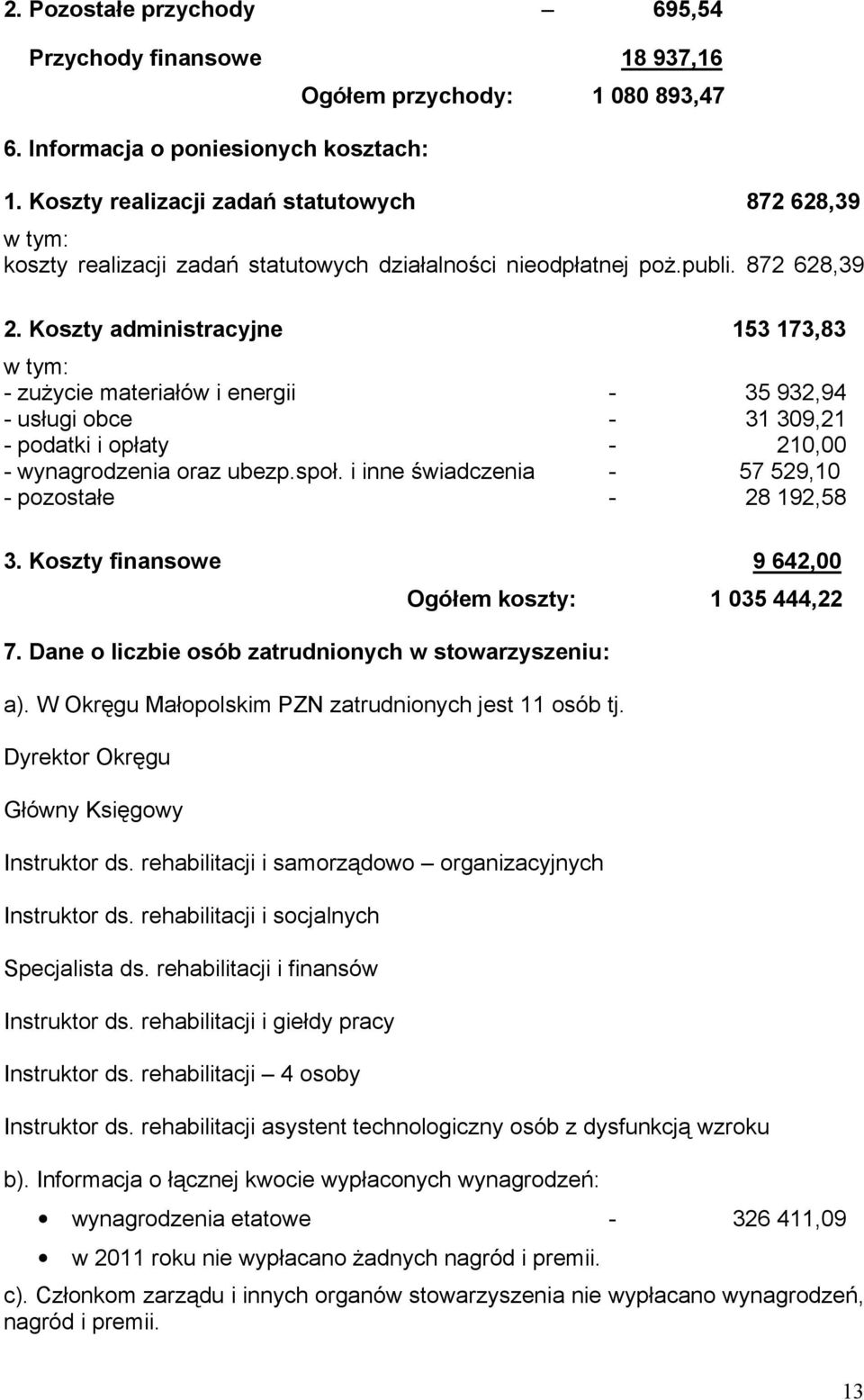 Koszty administracyjne 153 173,83 w tym: - zuŝycie materiałów i energii - 35 932,94 - usługi obce - 31 309,21 - podatki i opłaty - 210,00 - wynagrodzenia oraz ubezp.społ.