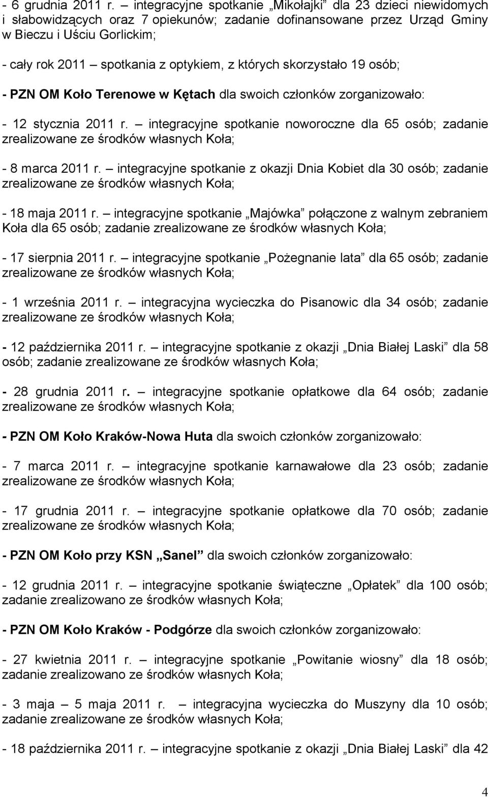 z których skorzystało 19 osób; - PZN OM Koło Terenowe w Kętach dla swoich członków zorganizowało: - 12 stycznia 2011 r. integracyjne spotkanie noworoczne dla 65 osób; zadanie - 8 marca 2011 r.