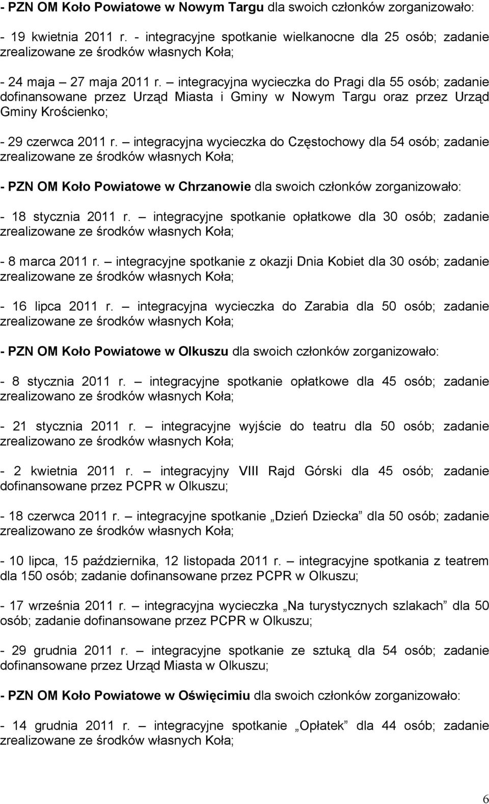 integracyjna wycieczka do Częstochowy dla 54 osób; zadanie - PZN OM Koło Powiatowe w Chrzanowie dla swoich członków zorganizowało: - 18 stycznia 2011 r.