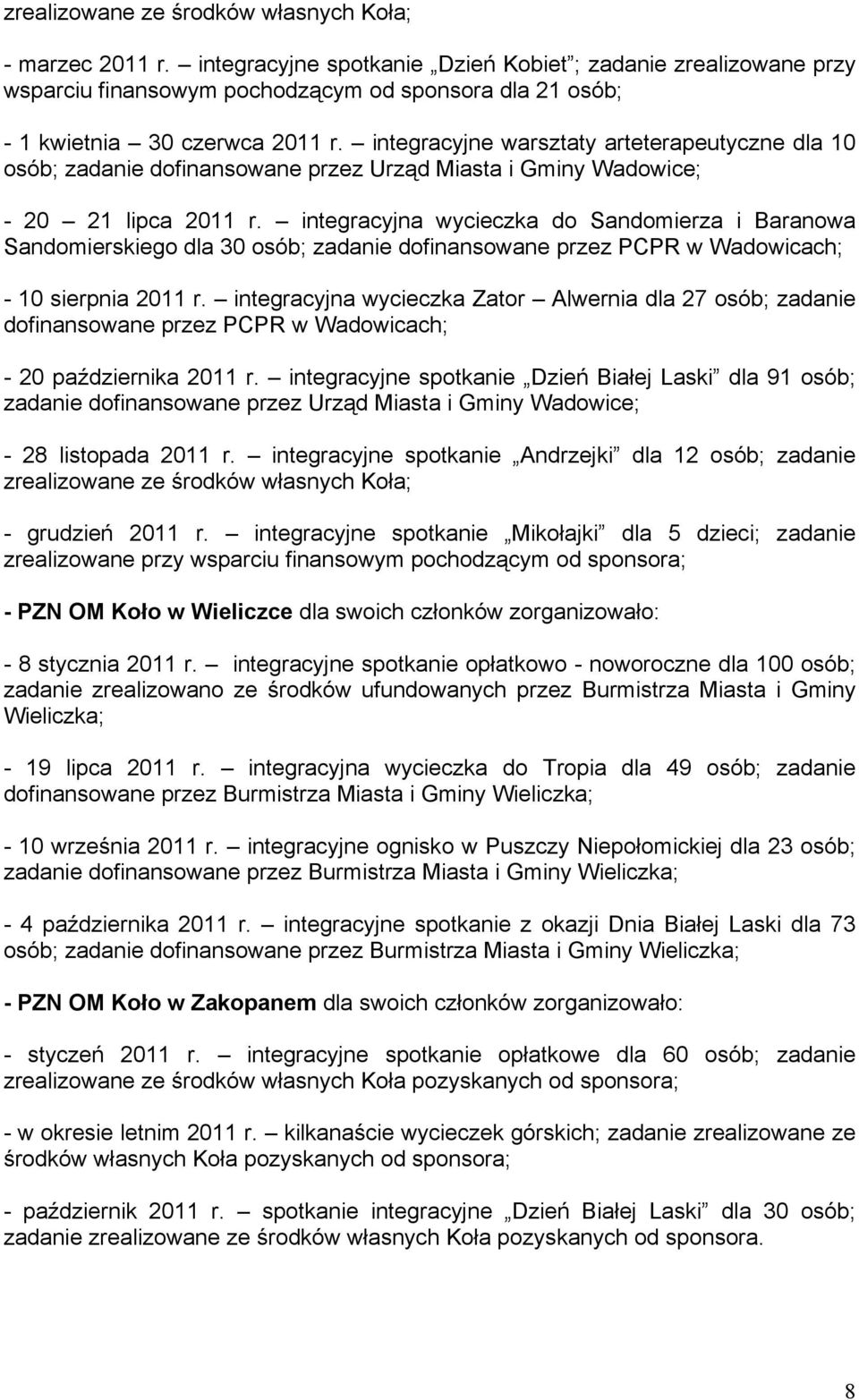 integracyjna wycieczka do Sandomierza i Baranowa Sandomierskiego dla 30 osób; zadanie dofinansowane przez PCPR w Wadowicach; - 10 sierpnia 2011 r.