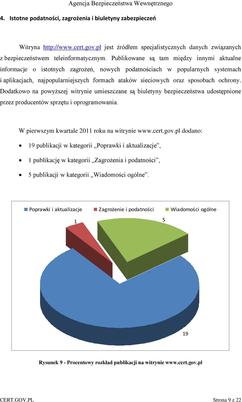 ochrony. Dodatkowo na powyższej witrynie umieszczane są biuletyny bezpieczeństwa udostępnione przez producentów sprzętu i oprogramowania. W pierwszym kwartale 2011 roku na witrynie www.cert.gov.