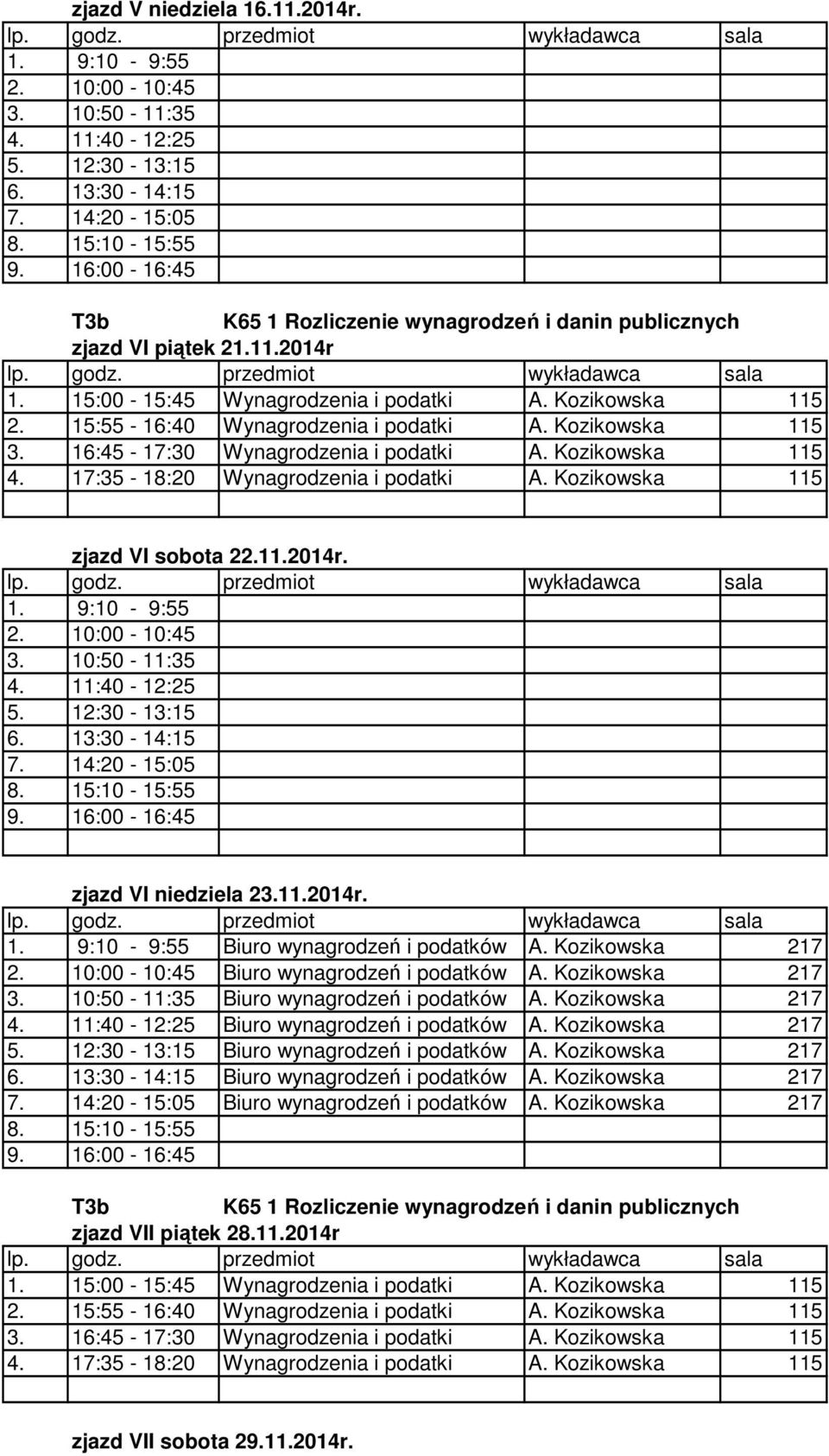 Kozikowska 217 zjazd VII piątek 28.11.2014r zjazd VII sobota 29.11.2014r.