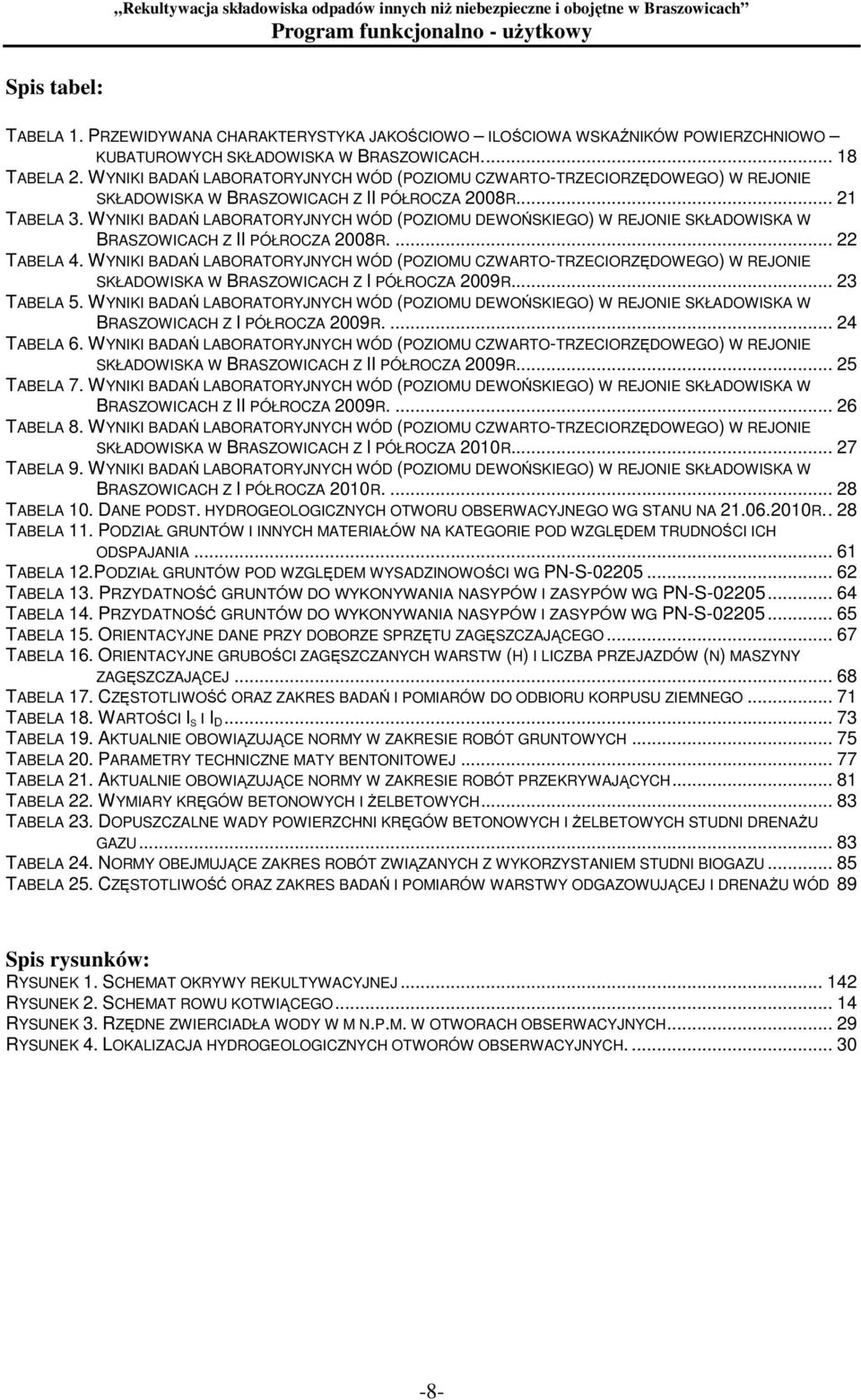 WYNIKI BADAŃ LABORATORYJNYCH WÓD (POZIOMU DEWOŃSKIEGO) W REJONIE SKŁADOWISKA W BRASZOWICACH Z II PÓŁROCZA 2008R.... 22 TABELA 4.