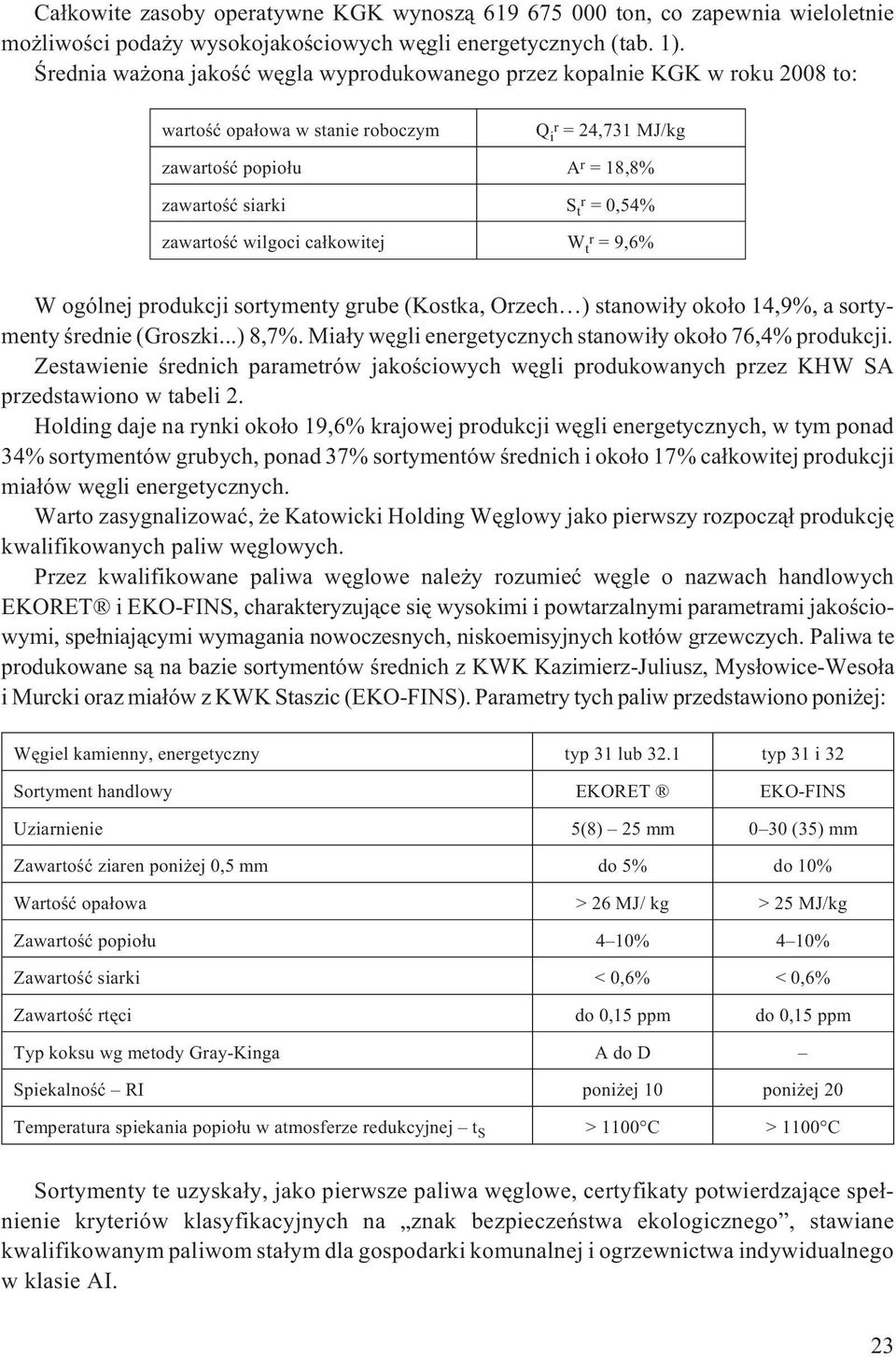 zawartoœæ wilgoci ca³kowitej W t r =9,6% W ogólnej produkcji sortymenty grube (Kostka, Orzech ) stanowi³y oko³o 14,9%, a sortymenty œrednie (Groszki...) 8,7%.