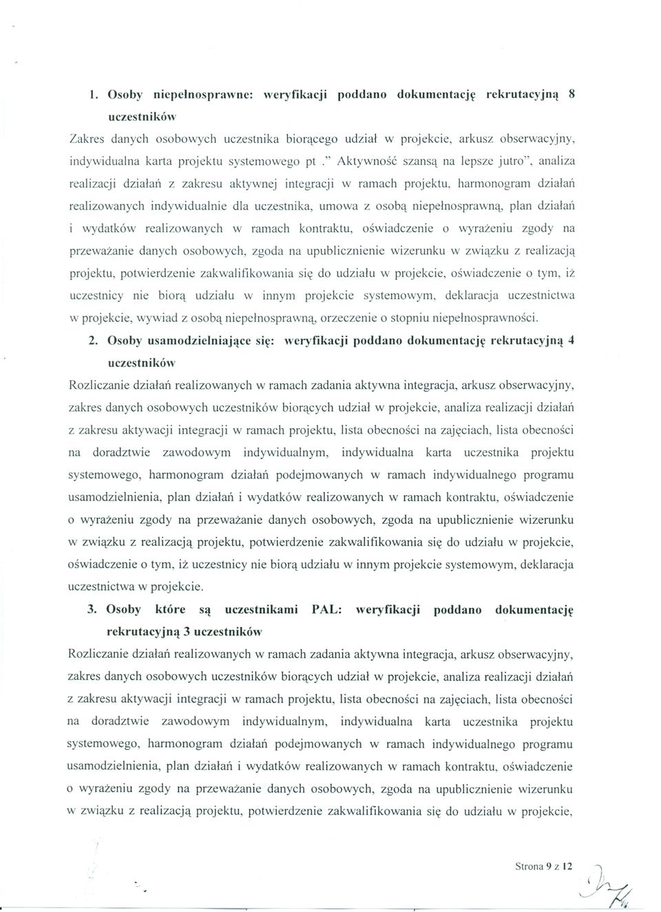 " Aktywność szansą na lepsze jutro", analiza realizacji działań z zakresu aktywnej integracji w ramach projektu, harmonogram działań realizowanych indywidualnie dla uczestnika, umowa z osobą