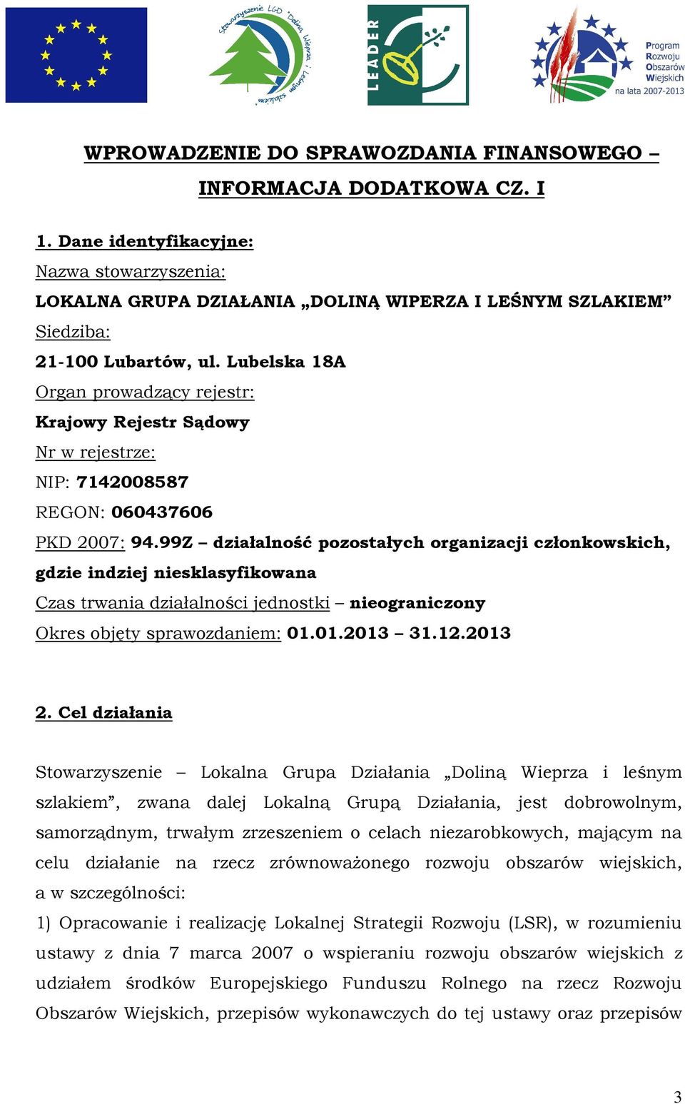 Lubelska 18A Organ prowadzący rejestr: Krajowy Rejestr Sądowy Nr w rejestrze: NIP: 7142008587 REGON: 060437606 PKD 2007: 94.