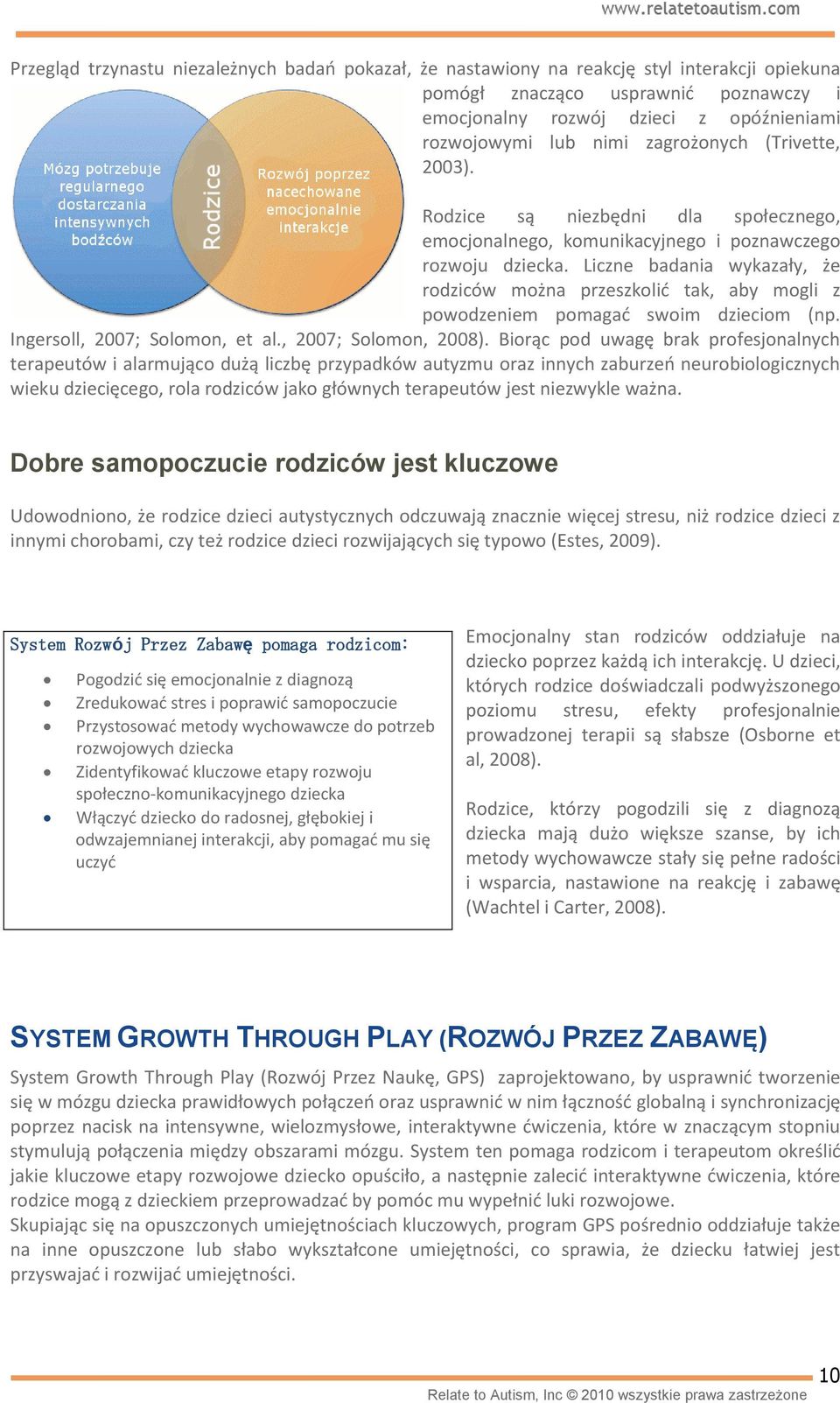 Liczne badania wykazały, że rodziców można przeszkolić tak, aby mogli z powodzeniem pomagać swoim dzieciom (np. Ingersoll, 2007; Solomon, et al., 2007; Solomon, 2008).