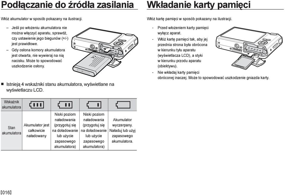 Wkładanie karty pamięci Włóż kartę pamięci w sposób pokazany na ilustracji. - Przed włożeniem karty pamięci wyłącz aparat.