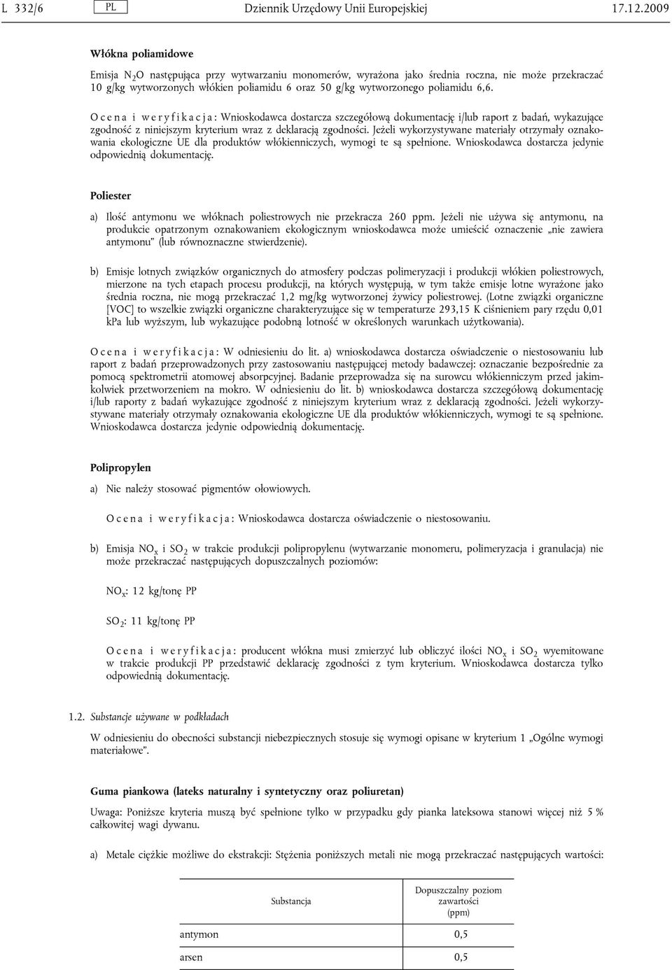 poliamidu 6,6. O c e n a i w e r y f i k a c j a : Wnioskodawca dostarcza szczegółową dokumentację i/lub raport z badań, wykazujące zgodność z niniejszym kryterium wraz z deklaracją zgodności.