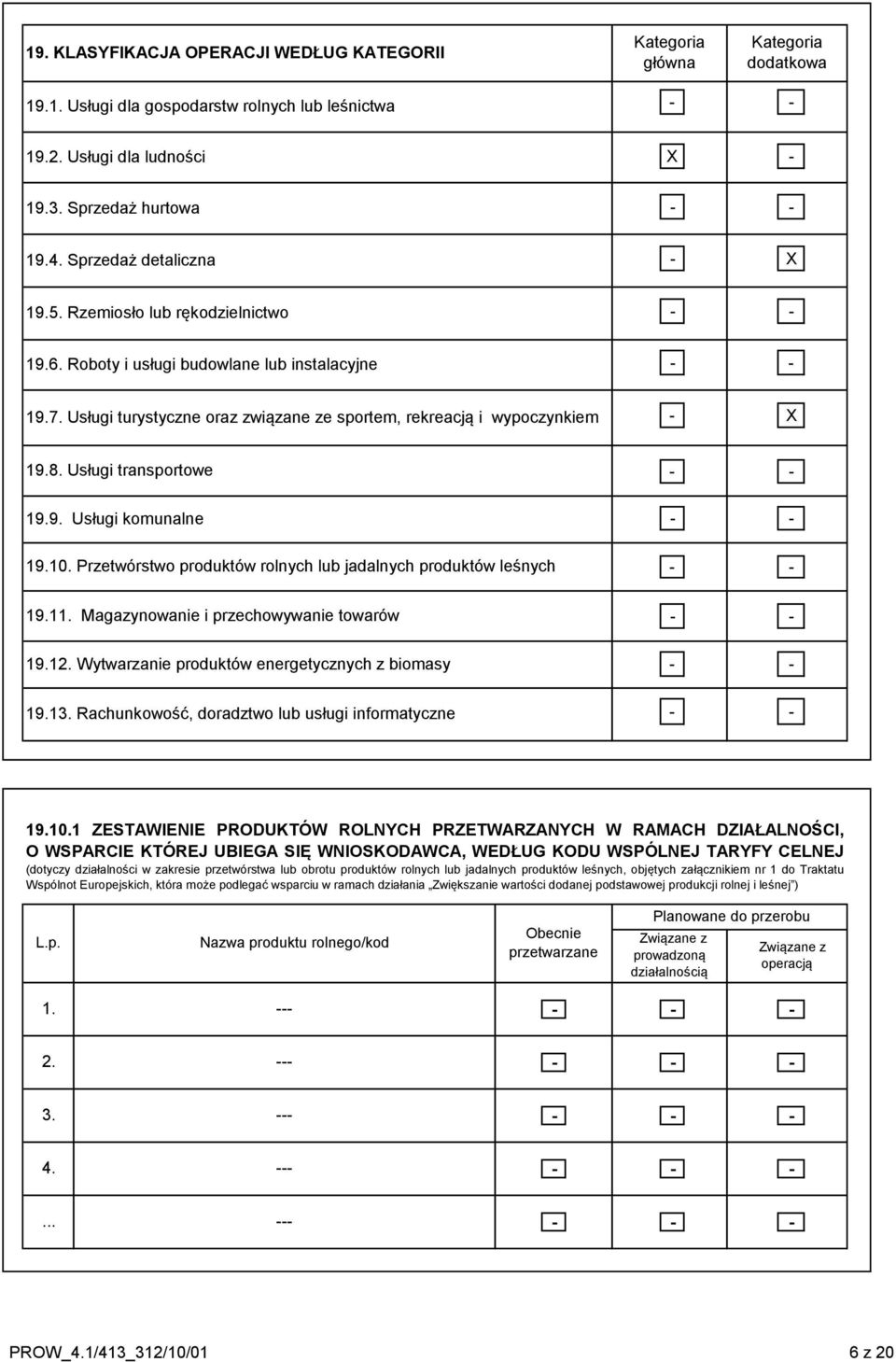 Usługi transportowe 19.9. Usługi komunalne 19.10. Przetwórstwo produktów rolnych lub jadalnych produktów leśnych 19.11. Magazynowanie i przechowywanie towarów 19.12.