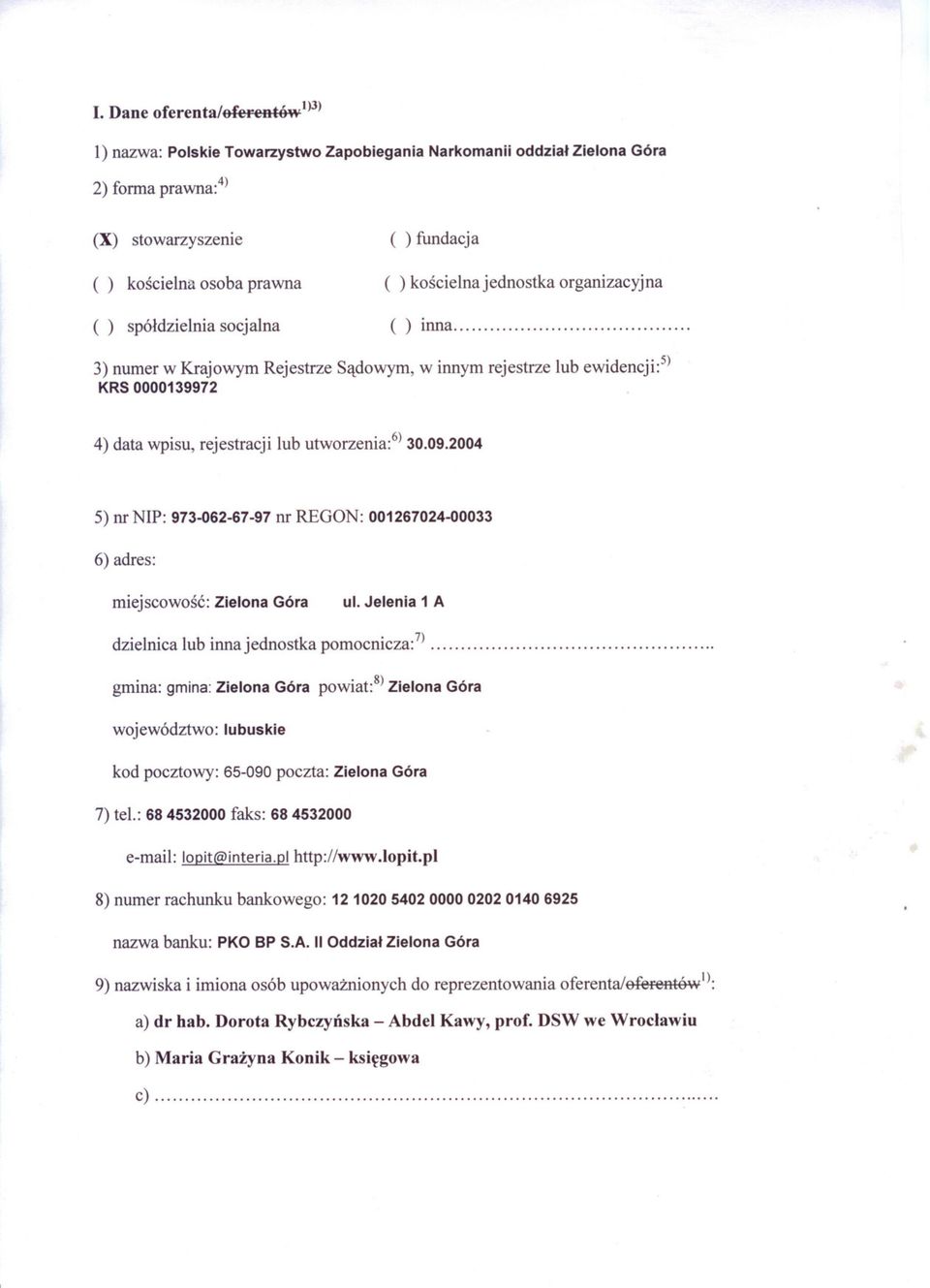 jednostka organizacyjna ( ) inna. 3) numer w Krajowym Rejestrze Sadowym, w innym rejestrze lub ewidencji:5) KRS 0000139972 4) data wpisu, rejestracji lub utworzenia:6) 30.09.