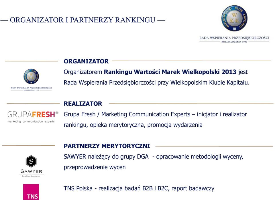 REALIZATOR Grupa Fresh / Marketing Communication Experts inicjator i realizator rankingu, opieka merytoryczna,