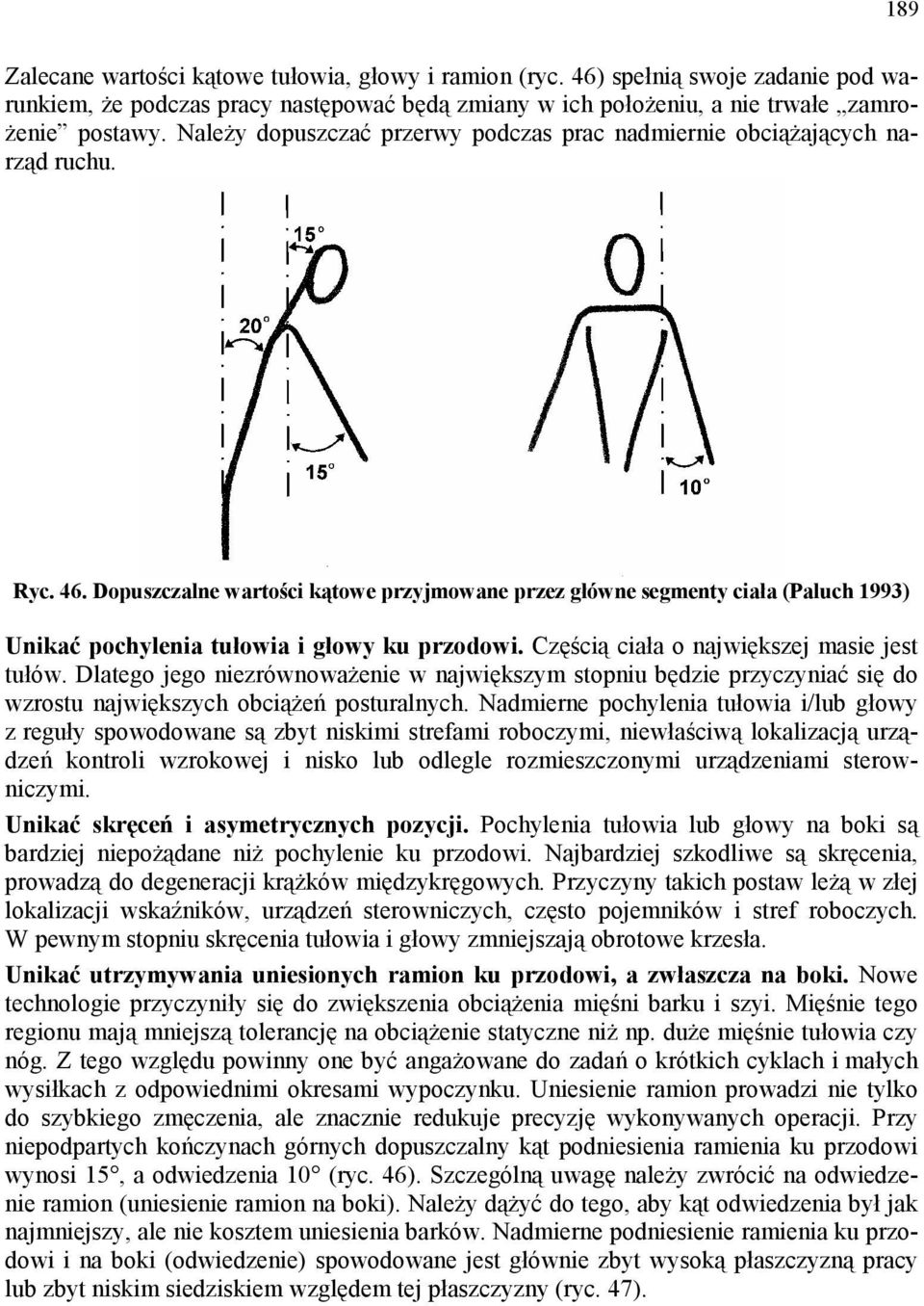 Dopuszczalne wartości kątowe przyjmowane przez główne segmenty ciała (Paluch 1993) Unikać pochylenia tułowia i głowy ku przodowi. Częścią ciała o największej masie jest tułów.