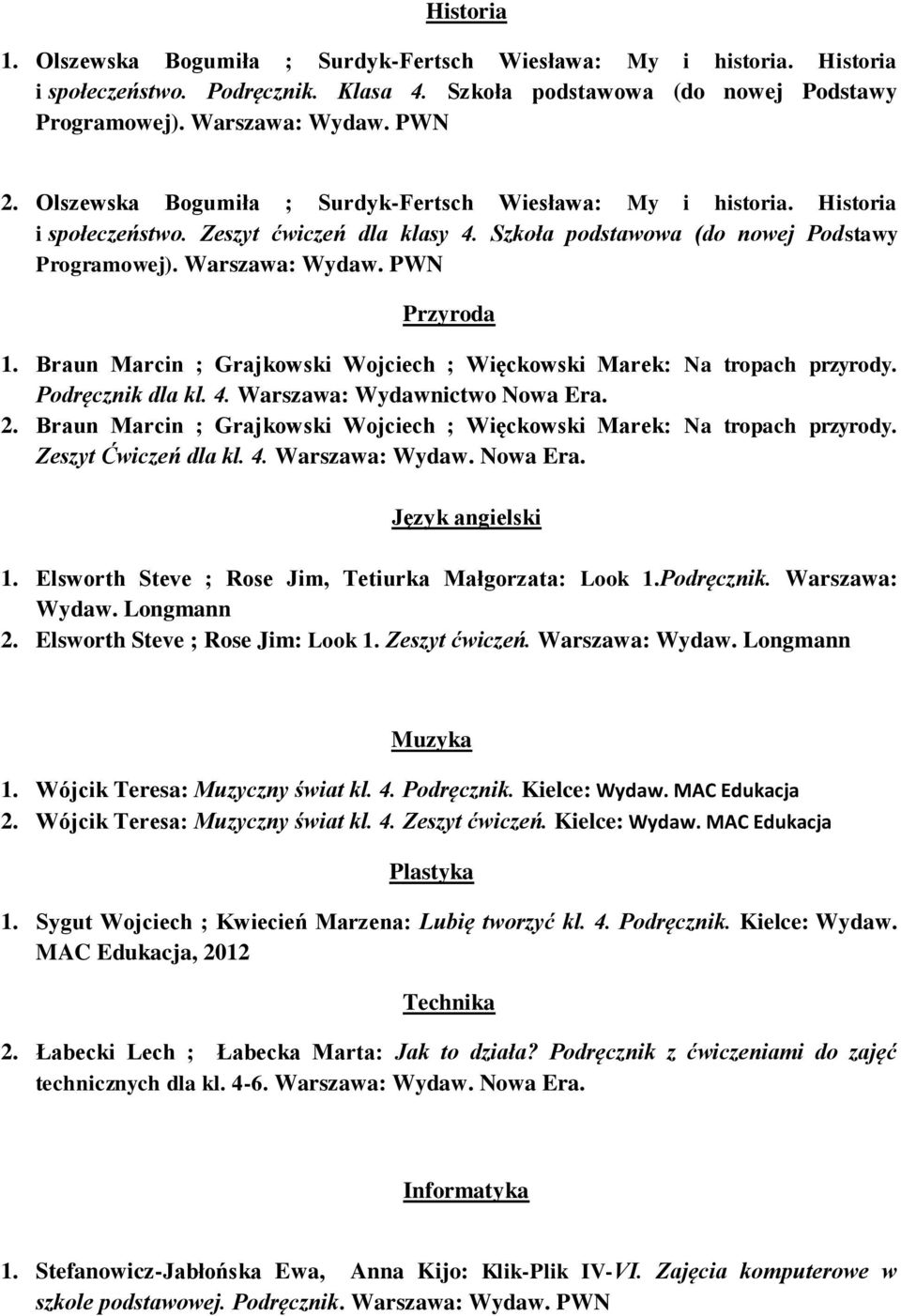 Braun Marcin ; Grajkowski Wojciech ; Więckowski Marek: Na tropach przyrody. Podręcznik dla kl. 4. Warszawa: Wydawnictwo Nowa Era. 2.