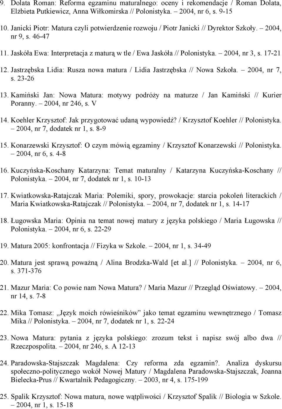 17-21 12. Jastrzębska Lidia: Rusza nowa matura / Lidia Jastrzębska // Nowa Szkoła. 2004, nr 7, s. 23-26 13. Kamiński Jan: Nowa Matura: motywy podróży na maturze / Jan Kamiński // Kurier Poranny.