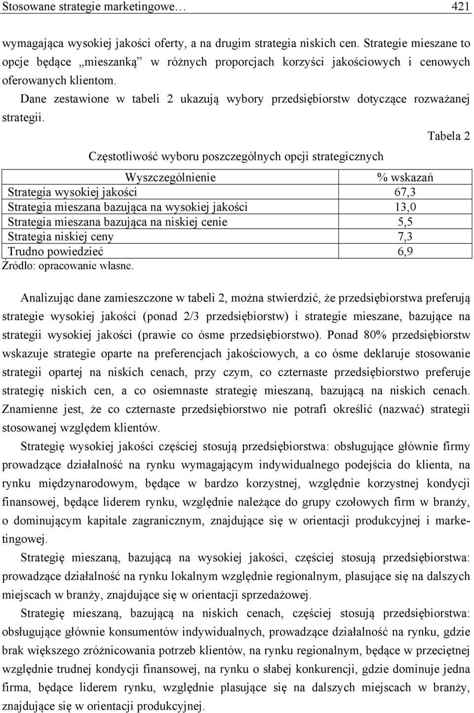 Dane zestawione w tabeli 2 ukazują wybory przedsiębiorstw dotyczące rozważanej strategii.