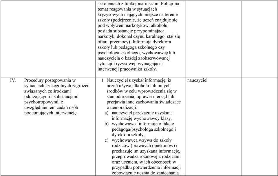 Informują dyrektora szkoły lub a szkolnego czy psychologa szkolnego, wychowawcę lub nauczyciela o każdej zaobserwowanej sytuacji kryzysowej, wymagającej interwencji pracownika szkoły. IV.