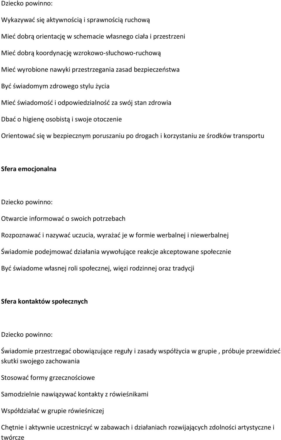 poruszaniu po drogach i korzystaniu ze środków transportu Sfera emocjonalna Dziecko powinno: Otwarcie informować o swoich potrzebach Rozpoznawać i nazywać uczucia, wyrażać je w formie werbalnej i