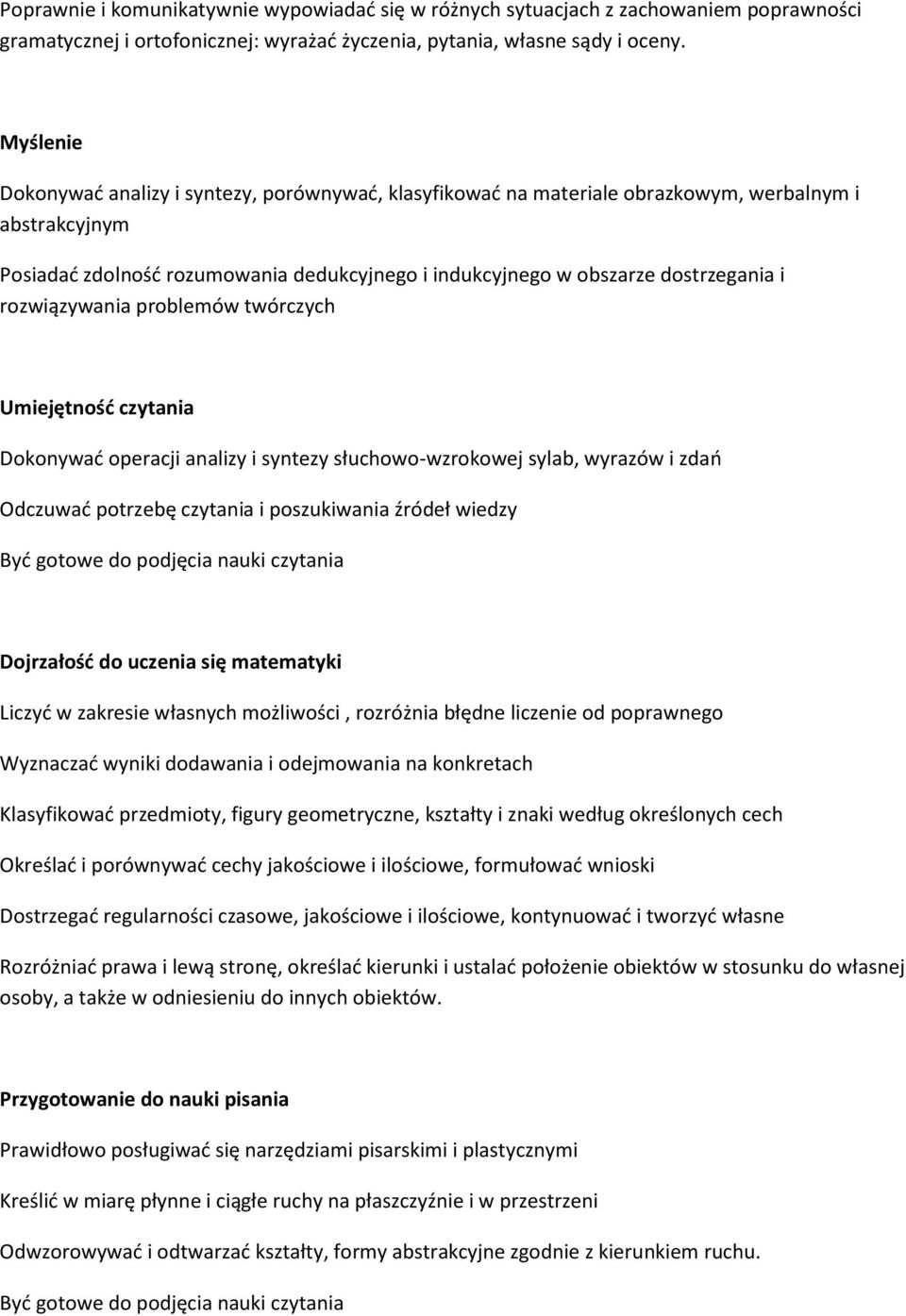 rozwiązywania problemów twórczych Umiejętność czytania Dokonywać operacji analizy i syntezy słuchowo-wzrokowej sylab, wyrazów i zdań Odczuwać potrzebę czytania i poszukiwania źródeł wiedzy Być gotowe