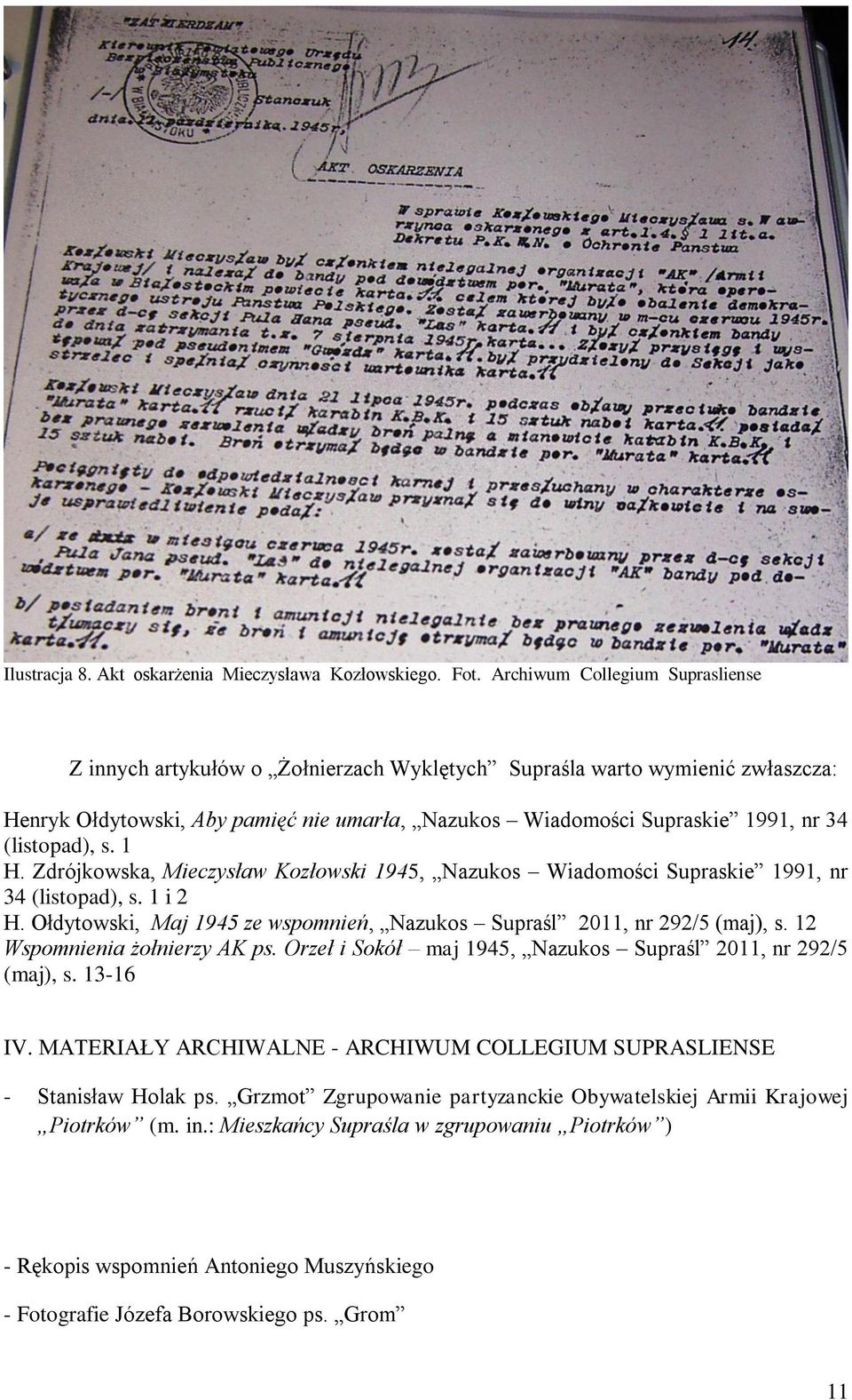 (listopad), s. 1 H. Zdrójkowska, Mieczysław Kozłowski 1945, Nazukos Wiadomości Supraskie 1991, nr 34 (listopad), s. 1 i 2 H. Ołdytowski, Maj 1945 ze wspomnień, Nazukos Supraśl 2011, nr 292/5 (maj), s.