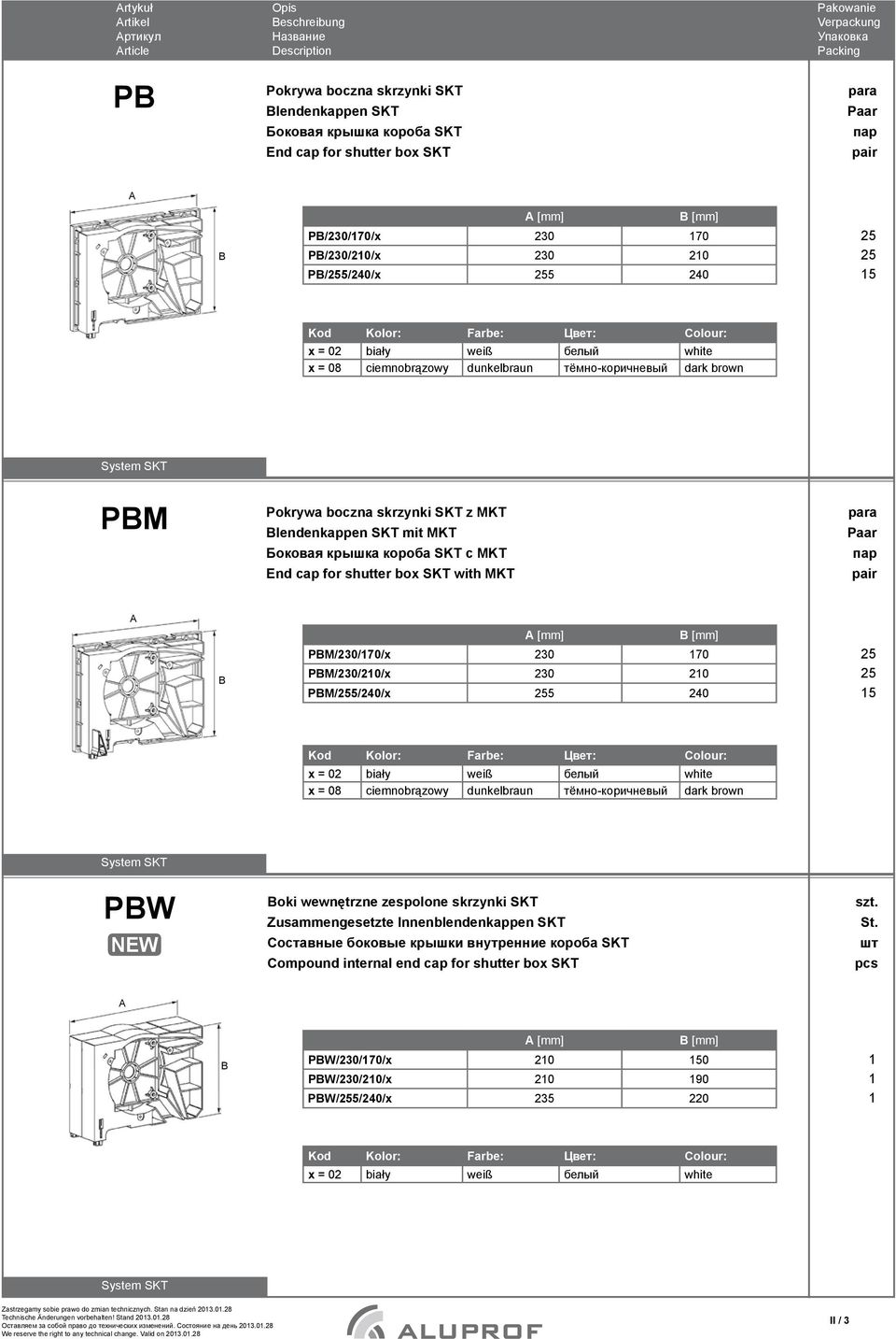 pair B B [mm] PBM/230/170/x 230 170 PBM/230/210/x 230 210 PBM/5/240/x 5 240 15 PBW NEW Boki wewnętrzne zespolone skrzynki SKT Zusammengesetzte Innenblendenkappen SKT