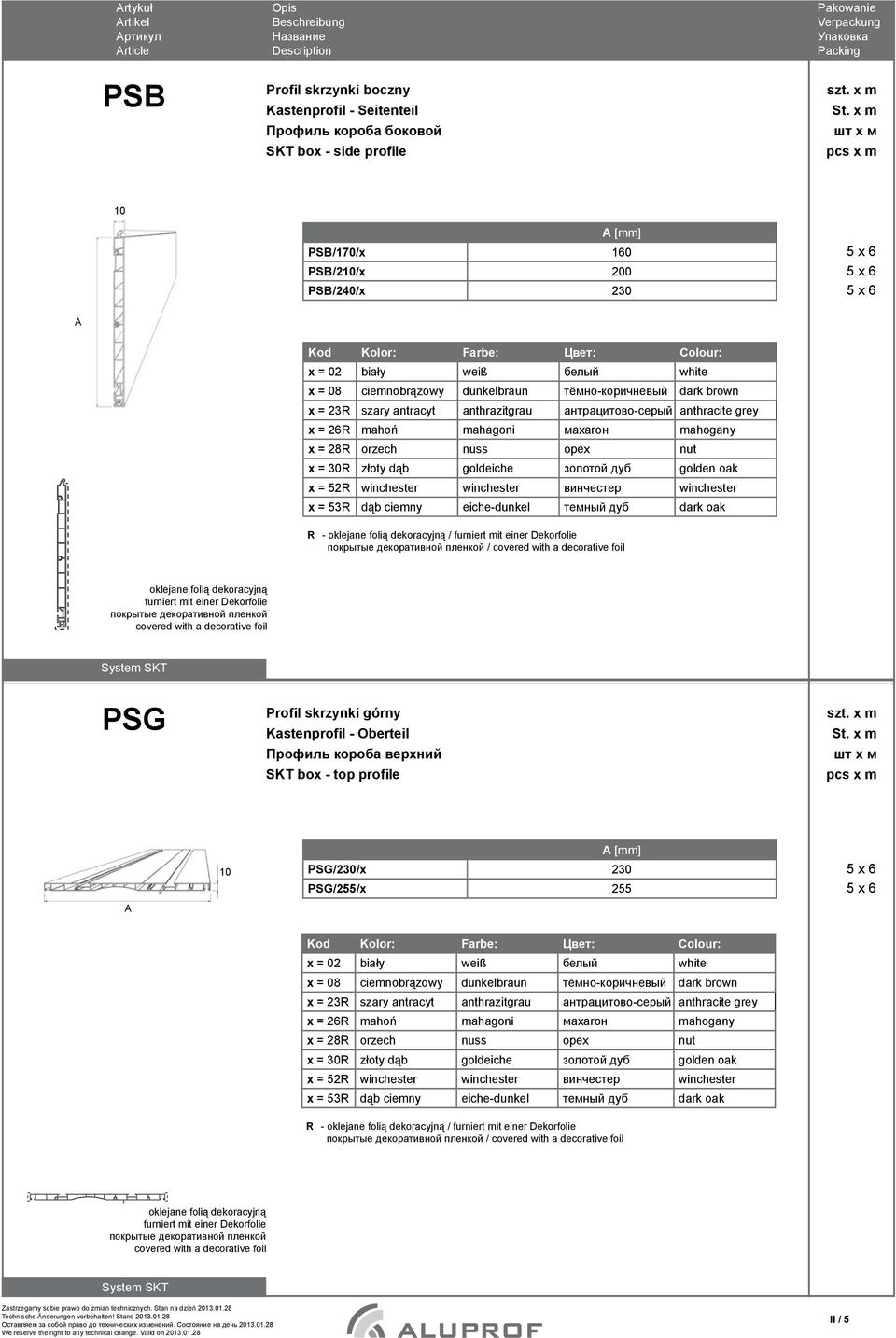 230 R - / PSG Profil skrzynki górny Kastenprofil - Oberteil Профиль