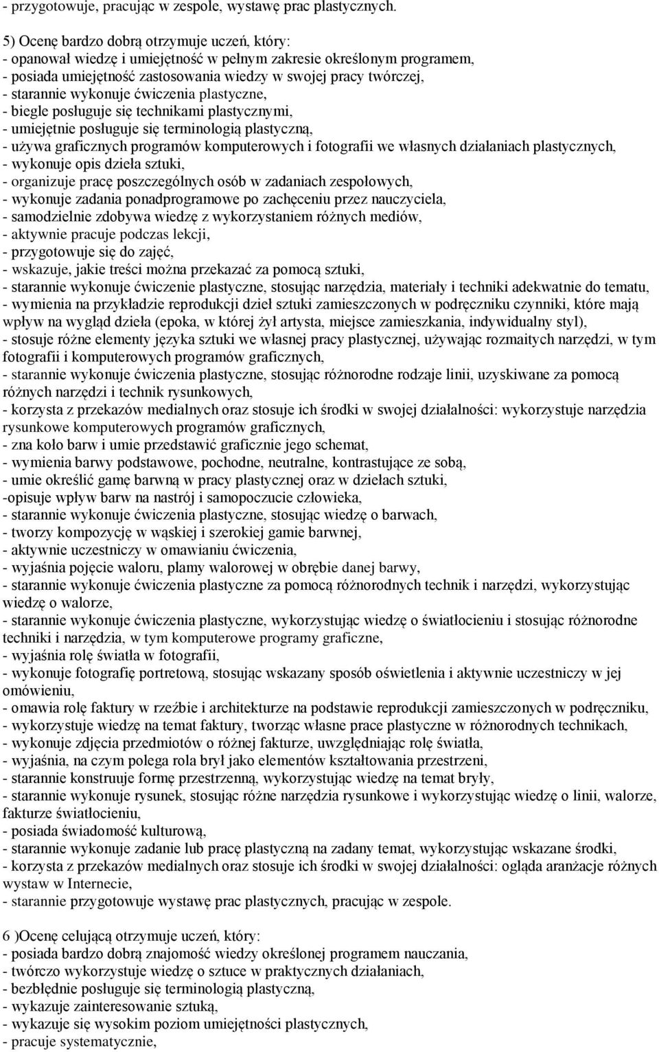 wykonuje ćwiczenia plastyczne, - biegle posługuje się technikami plastycznymi, - umiejętnie posługuje się terminologią plastyczną, - używa graficznych programów komputerowych i fotografii we własnych