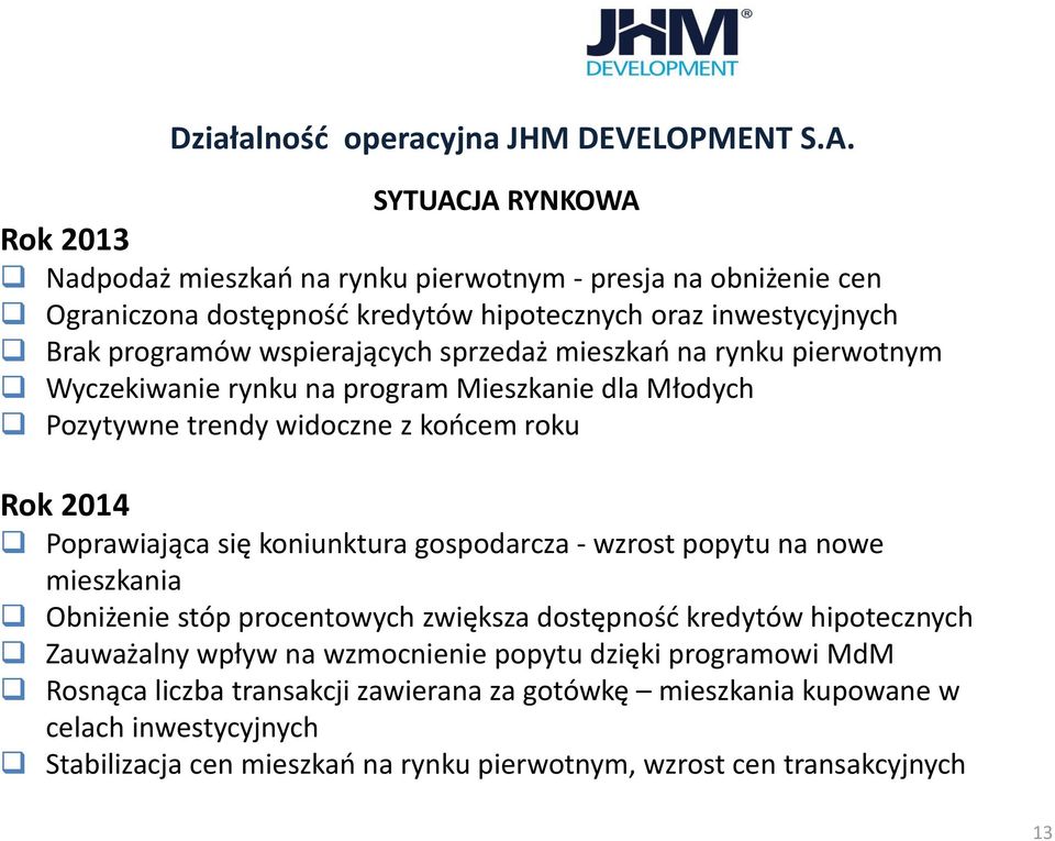 sprzedaż mieszkań na rynku pierwotnym Wyczekiwanie rynku na program Mieszkanie dla Młodych Pozytywne trendy widoczne z końcem roku Rok 2014 Poprawiająca się koniunktura gospodarcza -