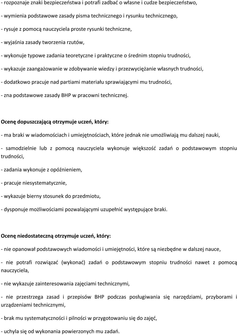 własnych trudności, - dodatkowo pracuje nad partiami materiału sprawiającymi mu trudności, - zna podstawowe zasady BHP w pracowni technicznej.