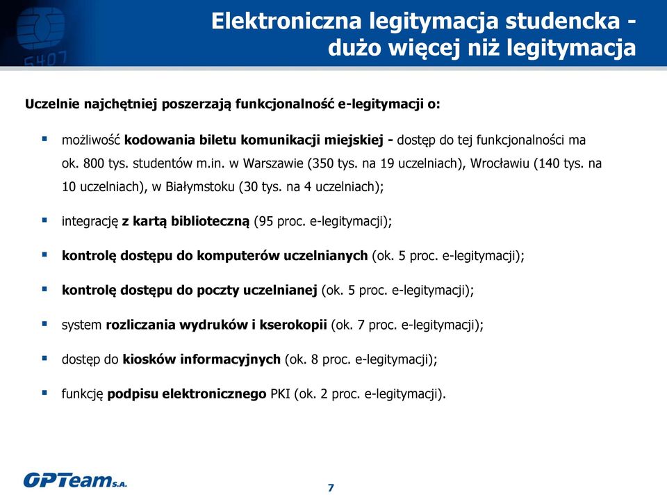 na 4 uczelniach); integrację z kartą biblioteczną (95 proc. e-legitymacji); kontrolę dostępu do komputerów uczelnianych (ok. 5 proc.